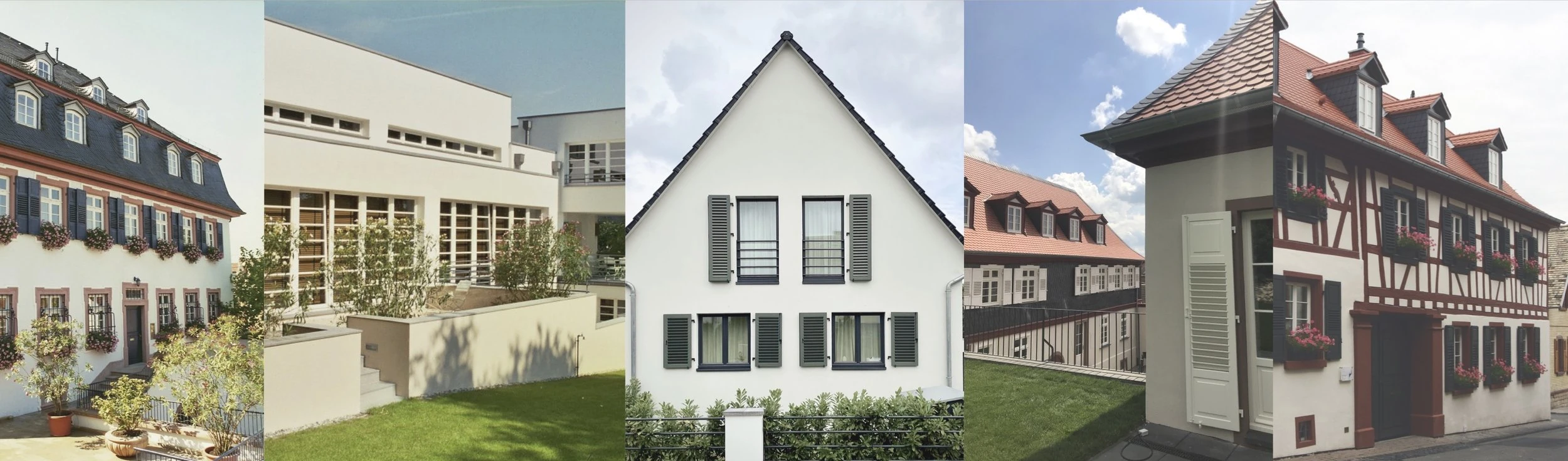 Collage moderner und historischer Häuser mit Fassaden, Fenstern und Klappläden